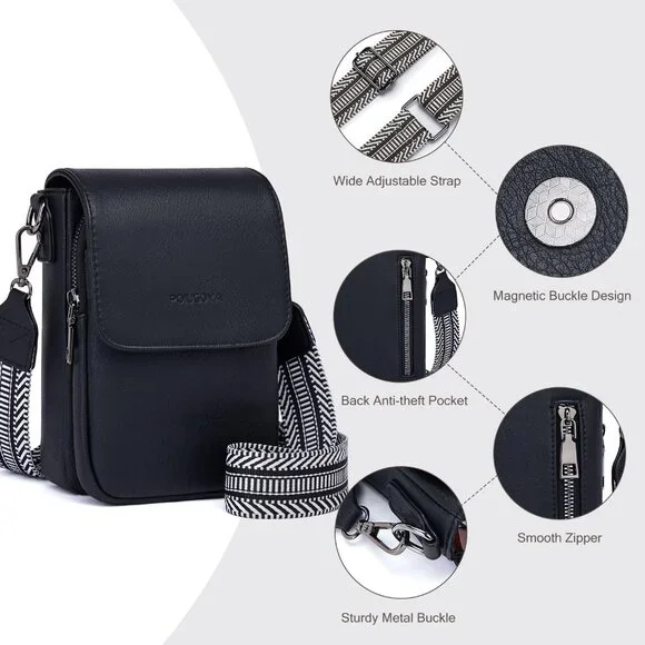 Womens A-black Leather Purses Imported Magnetic Snap Crossbody Zipper Bag - Picture 6 of 6